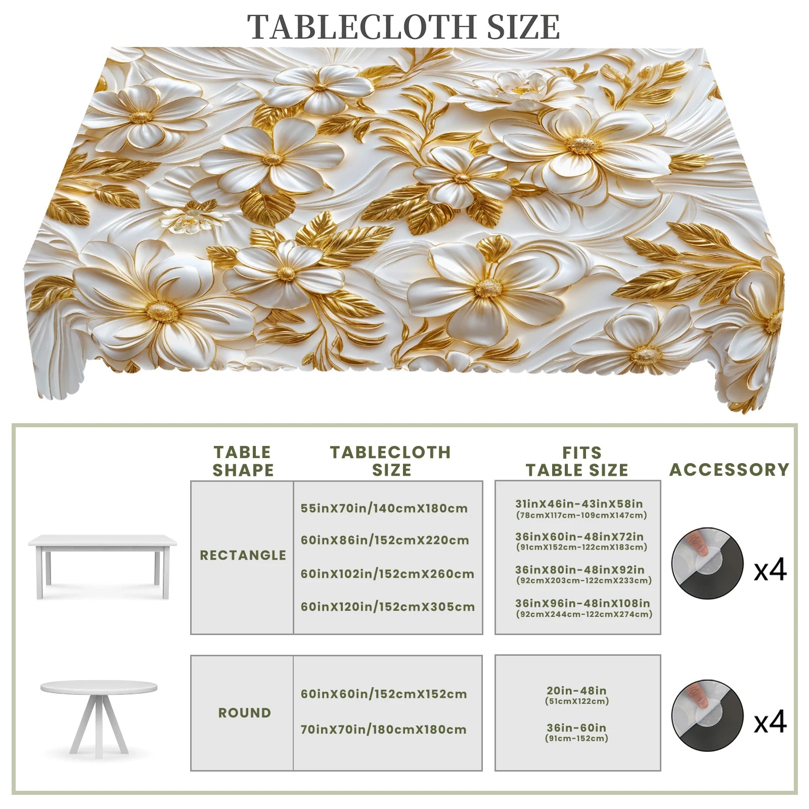 1 Mantel redondo y rectangular retro floral, disponible en varios tamaños, diseño de impresión de patrón floral dorado 3D estéreo, primavera y verano, adecuado para cocina casera, manteles para banquetes, Pascua, bodas, mar