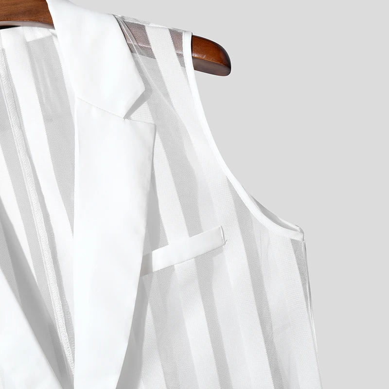 Men Vests Mesh Striped Transparent Sexy Lapel Sleeveless One Button Male Waistcoats Streetwear 2025 Fashion Casual Vests INCERUN
