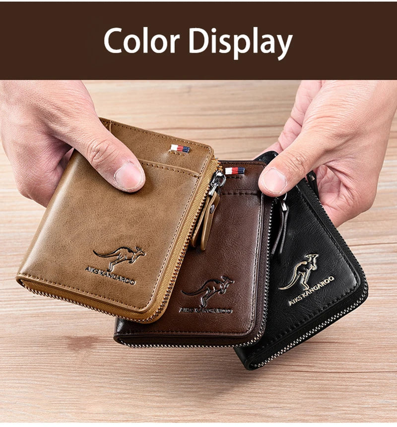 Cartera de cuero para hombre, tarjetero de negocios con cremallera, carteras de lujo para hombre, protección RFID, cartera masculina de lujo