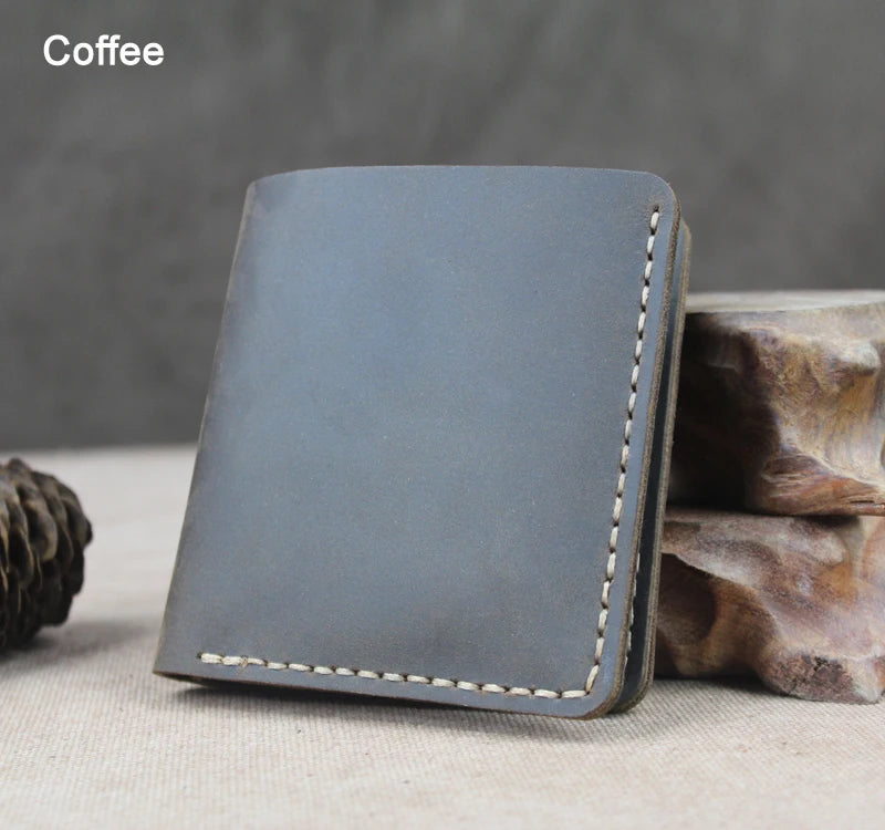 Cartera de lujo hecha a mano de cuero genuino Crazy Horse para hombre, cartera pequeña de cuero para hombre, monedero corto con clip para billetes, bolsa para dinero, café negro