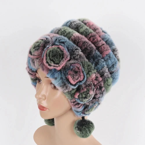 Hot Sale Winter Women Flowers Striped Natural Real Rex Rabbit Fur Hats Lady Warm Knit Genuine Fur Caps Russian Outdoor Fur Hats
