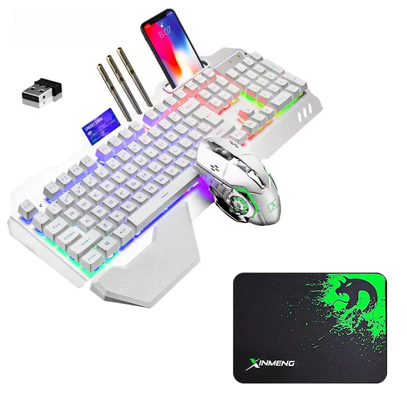 Teclado y ratón inalámbricos para juegos con retroiluminación arcoíris/RGB, teclado recargable y ratón para juegos de 7 colores silencioso con alfombrilla