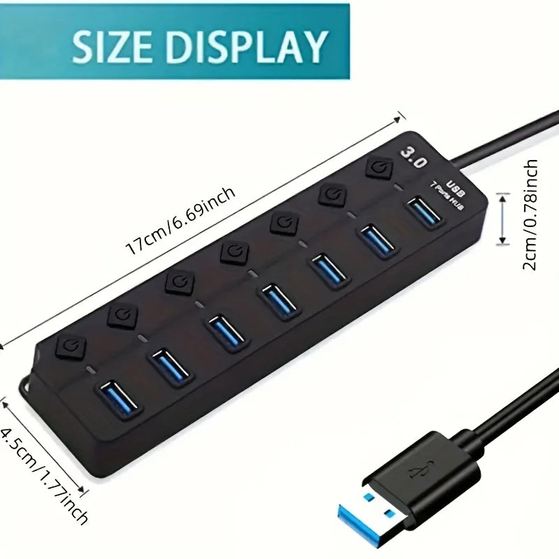 Concentrador USB 3.0 de 4/7 puertos con indicador LED, control de interruptor independiente para laptop, unidad flash, disco duro, impresora, cámara, teclado