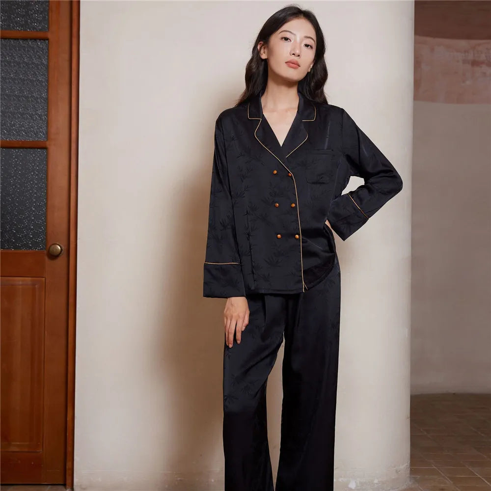 Women Pajamas Set Sleepwear Sexy Double-Breasted Jacquard Satin Pijamas Suit Spring Home Wear Loungewear