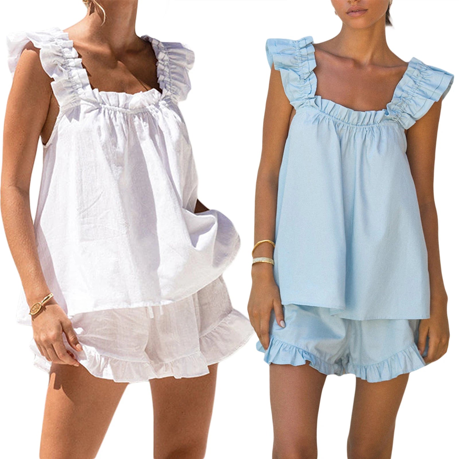 Conjuntos de Pijama para Mujer de Verano de 2 Piezas, Pijama de Mujer, Chaleco sin Mangas sin Espalda + Pantalones Cortos con Volantes de Color Liso