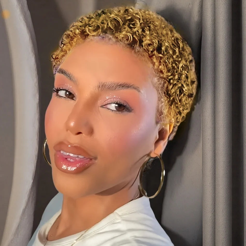 Human Hair Wig Curly Wave Pixie Cut Wig Afro Kinky Curly Hair Full Machine Made Wig