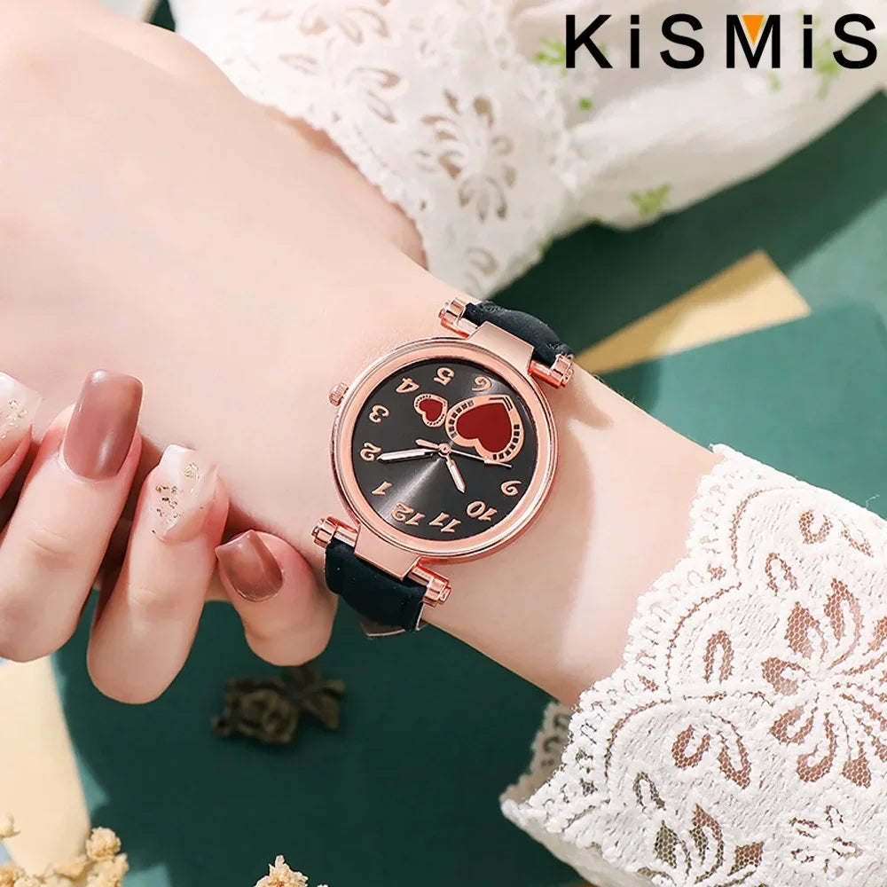 Reloj de moda para mujer, reloj de cuarzo con corazón de durazno para mujer, correa de cuero esmerilado, reloj de pulsera para mujer, reloj de vestir informal, regalo para ella