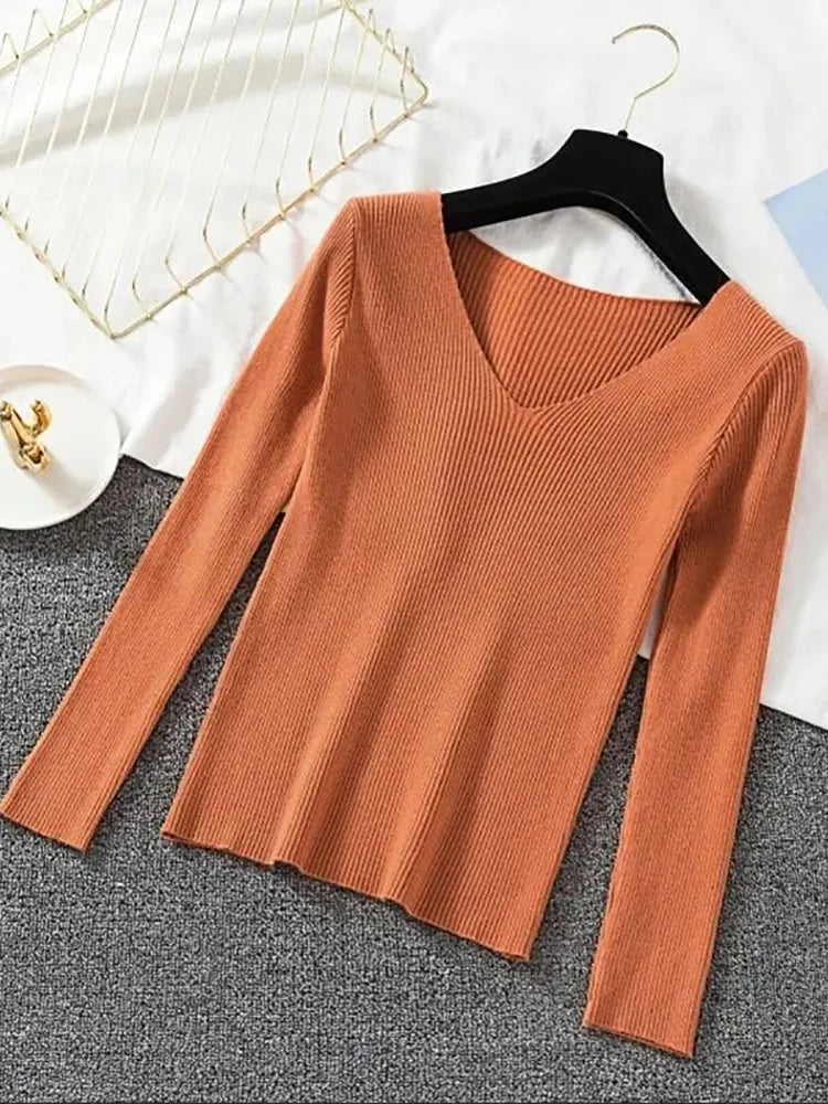 Suéter de mujer nuevo otoño invierno de manga larga jersey básico top de moda cuello en V elástico femenino invierno de punto sólido