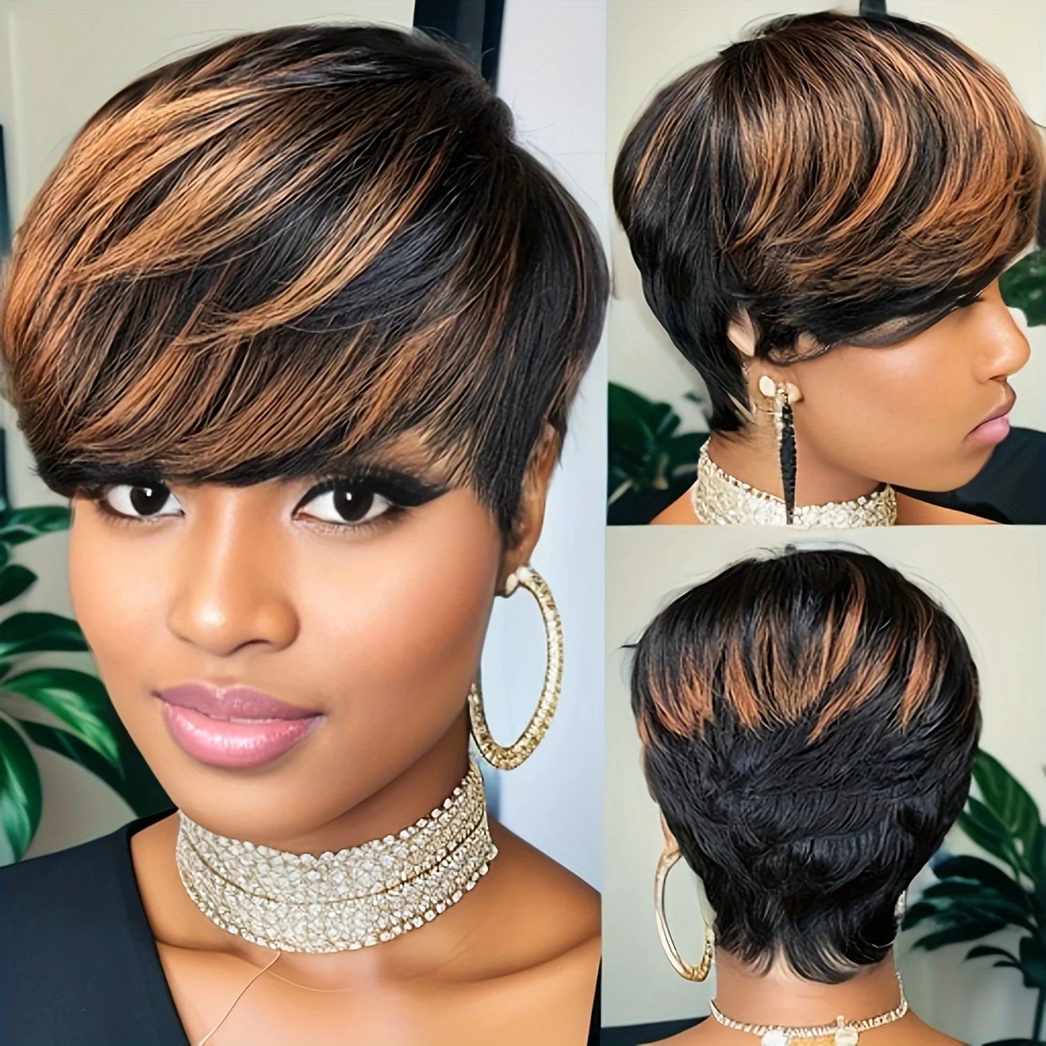 Short Pixie Cut Human Hair Wig – 1/30 Highlights with Bangs