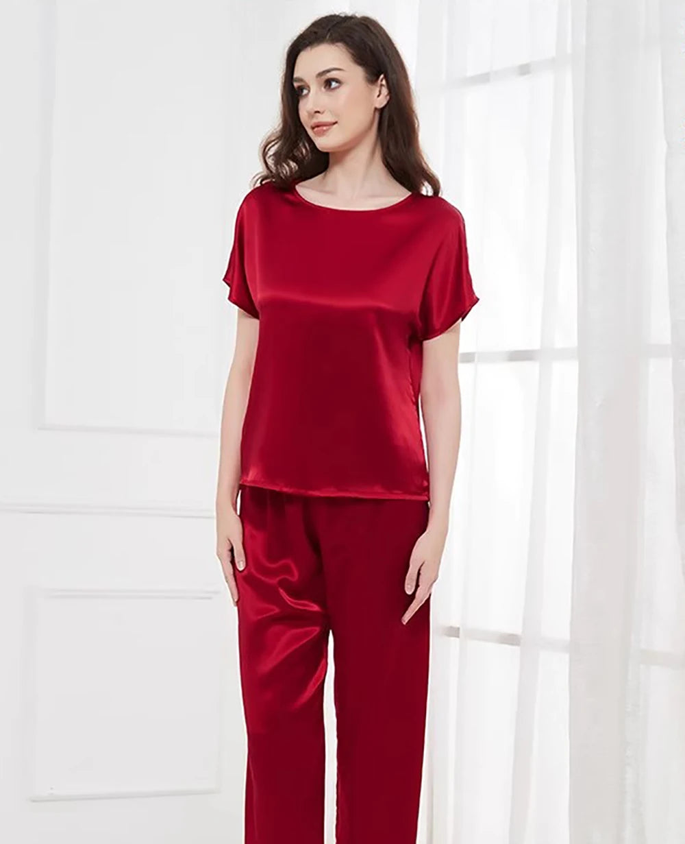 Conjunto de pijama de 2 piezas para mujer, pantalones capri, top de manga corta, seda de morera de 19 mommes, ropa de dormir, pijamas, ropa de estar por casa M-3XL