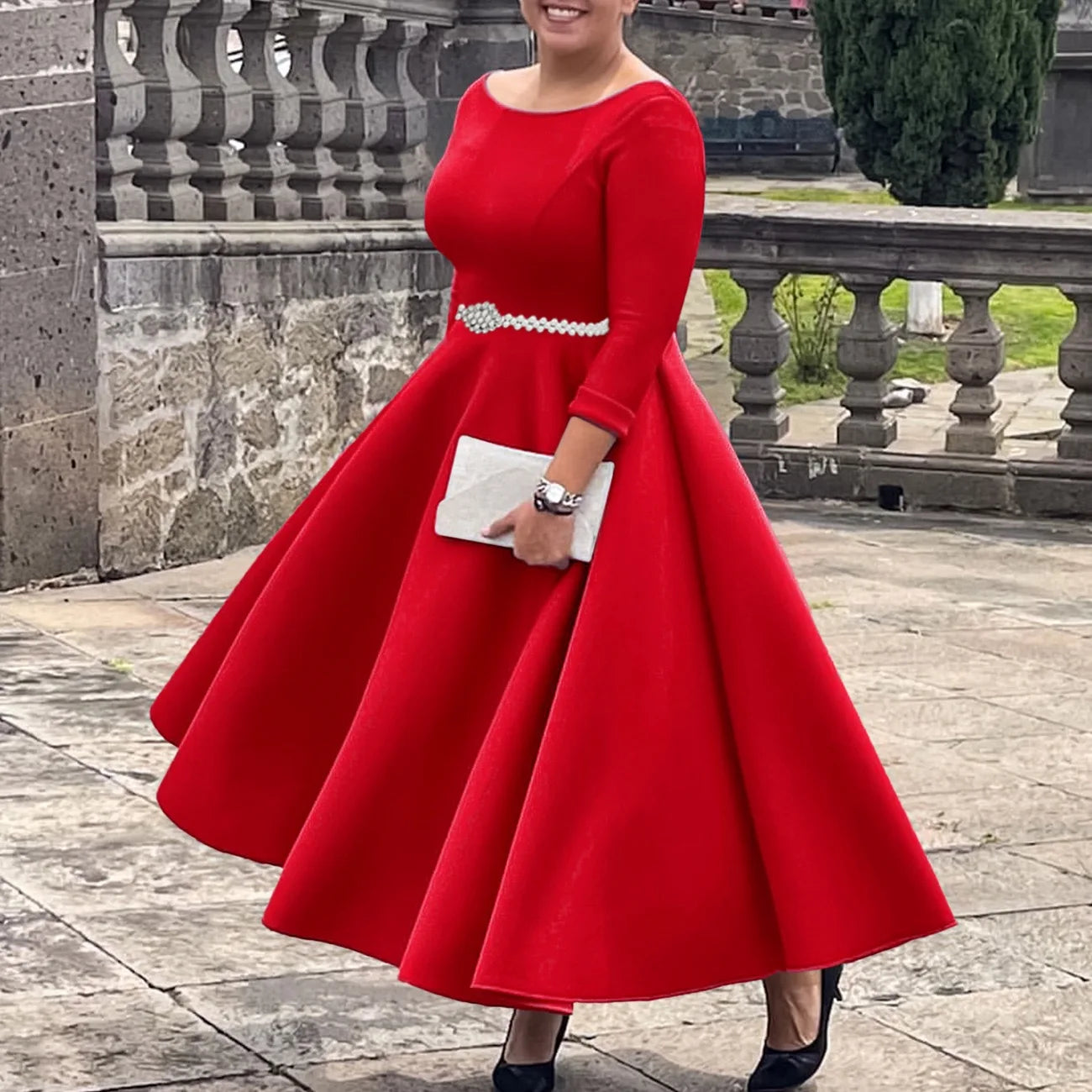 Vestidos de lujo para mujer, cuello redondo, manga larga, con cinturón en la cintura, cintura alta, plisados, línea A, hasta el tobillo, elegantes vestidos de cumpleaños para mujer