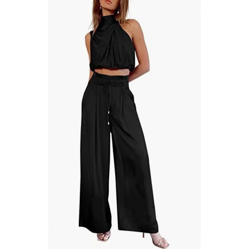 Ensemble deux pièces pour femme, pantalon ouvert au nombril, haut sans manches en soie plissée, pantalon large, ensemble assorti d'été 2024