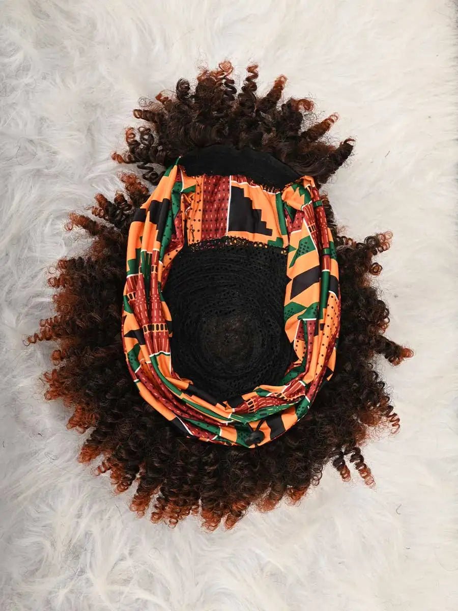 Headband Wig Curly Headband Wig With Bangs For Women Synthetic Afro Curly Hair Wig With Headband Attached Short Kinky Curly Afro High Puff With Bangs Stripes Short Red Curly Wigs with Bangs for Women, Natural Wavy Synthetic W