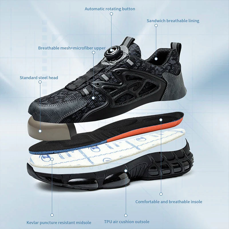 Slack-stab-proof work shoes with elastic buttons and lace-up