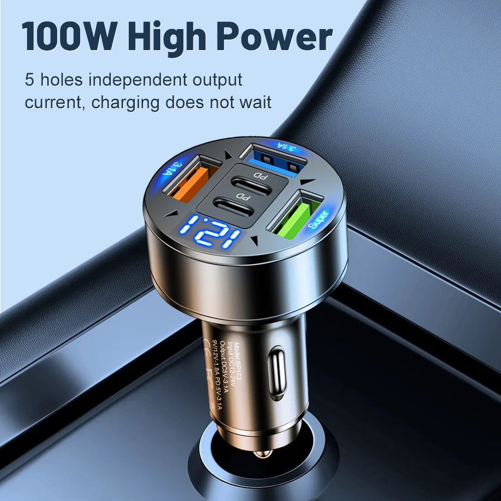 Chargeur allume-cigare PD QC3.0 5 en 1 250 W, charge rapide USB C pour iPhone, Samsung Galaxy, iPad Pro, adaptateur allume-cigare multiport
