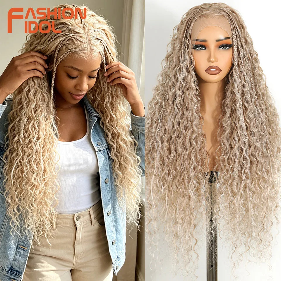 FASHION IDOL 13X4 Box Twist Braided Lace Wig For Black Women Synthetic Lace Frontal Wigs Blonde Faux Locs Wig Goddess Braids Wig