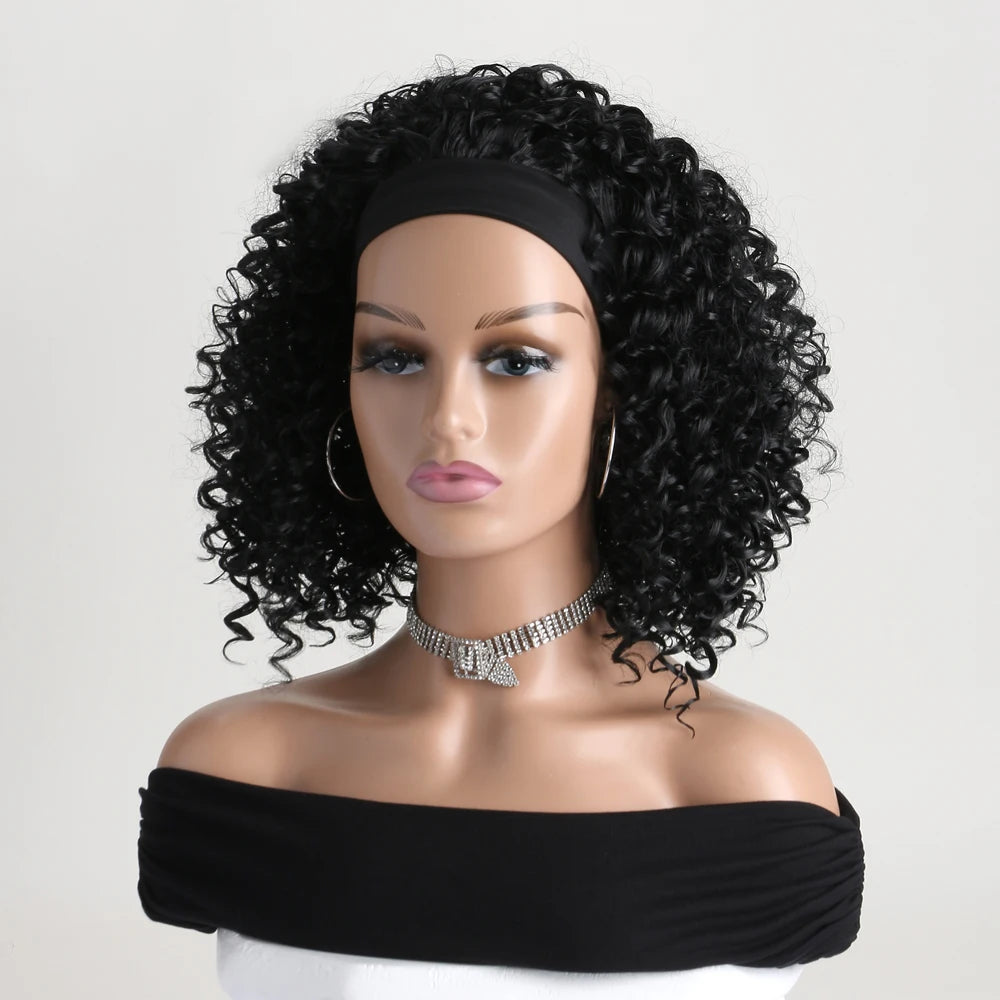 Peluca rizada Kinky negra corta y lisa con diadema sintética natural para mujeres negras, uso diario en fiestas, cabello falso resistente al calor
