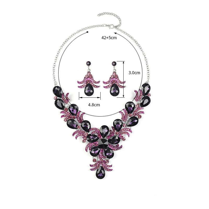 Juego de joyería morada al por mayor Accesorios de boda Lujo Cristal Rhinestone Flor Pendientes y Collar llamativos para mujer