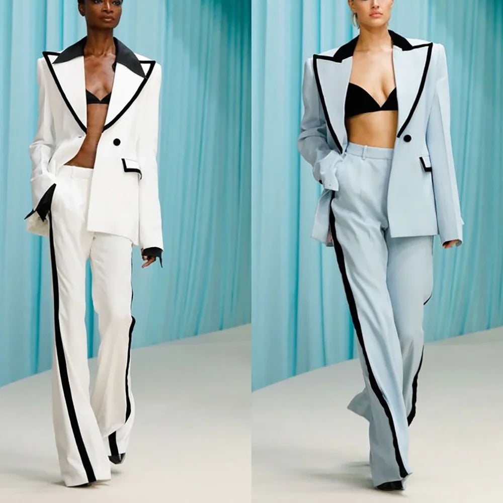 Elegantes Trajes de Mujer de Dos Piezas, Borde Negro, Solapa de Pico, Atuendos Clásicos, Un Botón, Ajuste Holgado, Chaqueta y Pantalones Hechos a Medida de Alta Calidad
