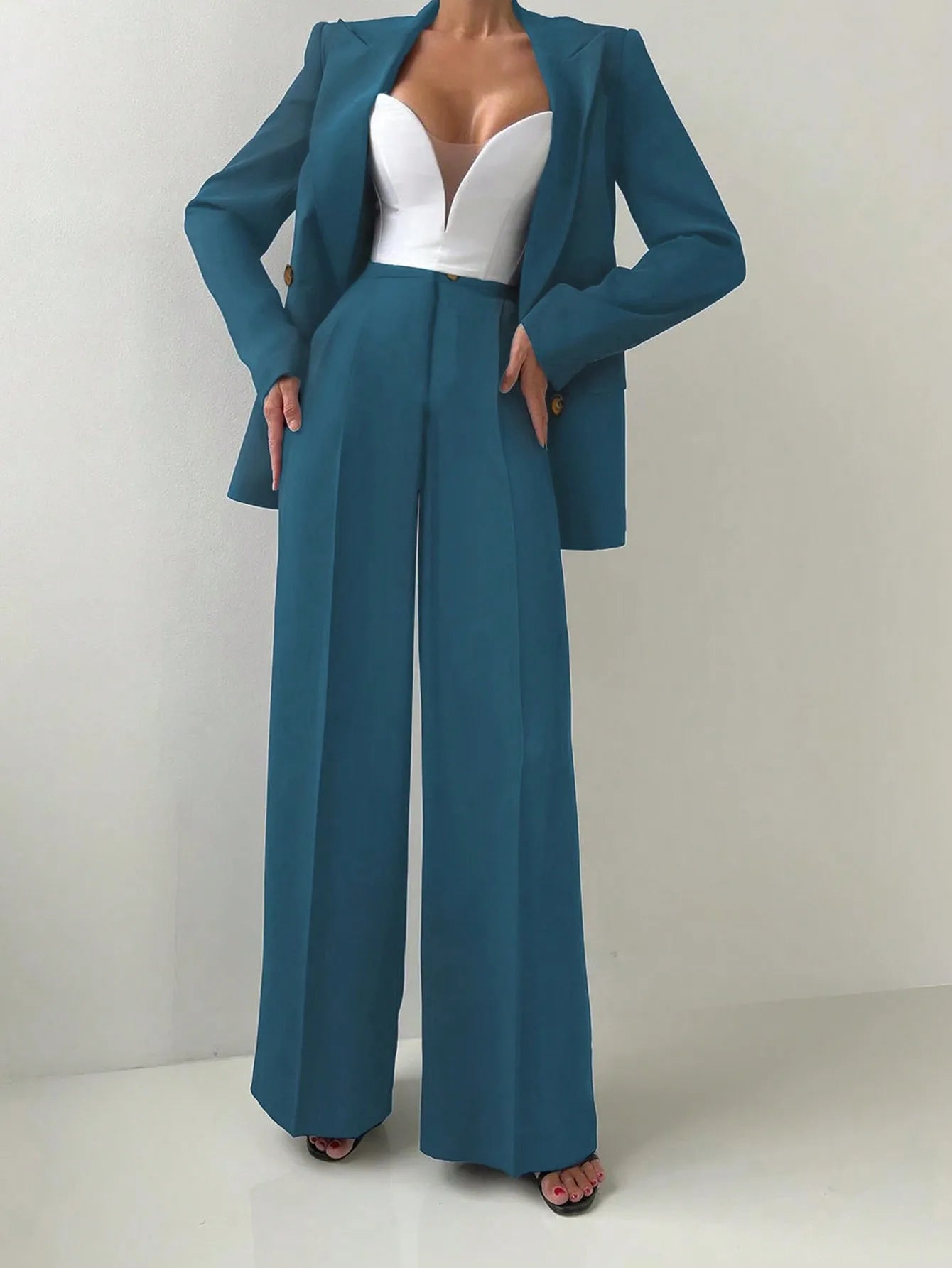 Women's Elegant Casual Blazer Jacket And Straight-Leg Pants Suit Set Spring Autumn & Winter Suitable for Office Work Business