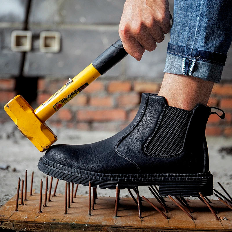 Zapatos de seguridad impermeables para hombre, botas de cuero con punta de acero, calzado masculino, botas de trabajo de construcción indestructibles, color marrón