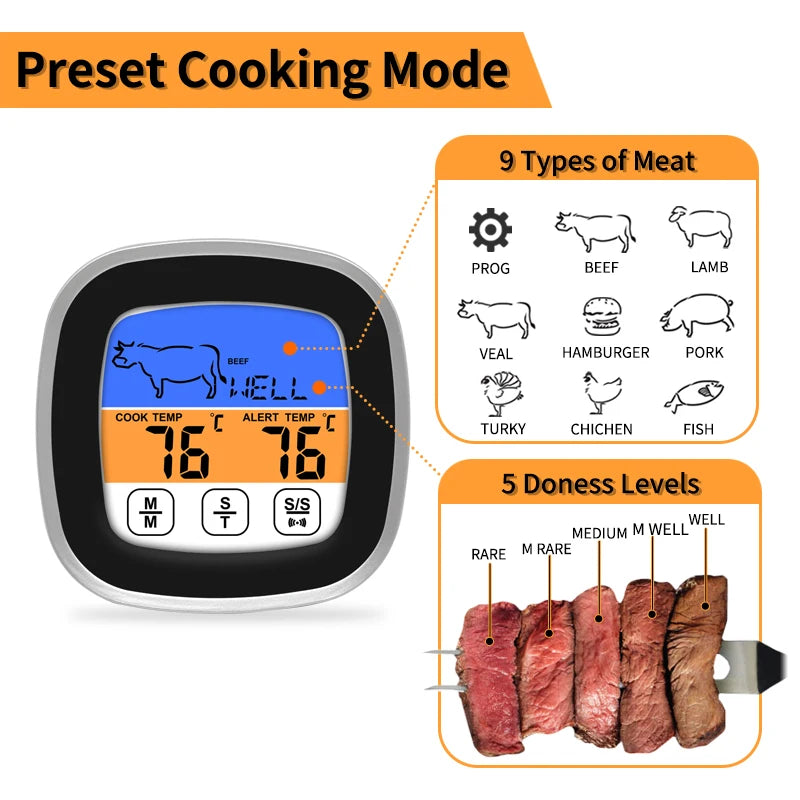 Digital Thermometer Kitchen Meat Probe Thermometer with Touchscreen LCD Display Timer Cook Mode for Grilling BBQ Cooking Meat