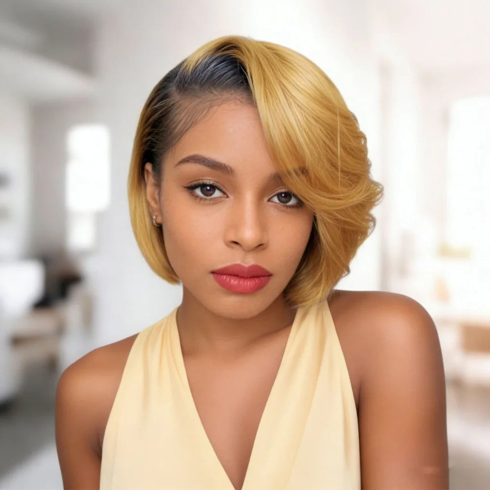 Peluca Pixie Cut 13x4 Lace Frontal de Cabello Humano para Mujer, Peluca Lisa Bob Corto con Encaje Transparente, Pre-arrancada de Cabello Humano