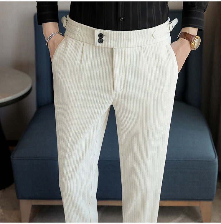 Nuevo pantalón informal de cintura alta de felpilla napolitana de lujo ligero para hombres, pantalón de vestir para hombres de ajuste delgado con sensación premium, pantalón
