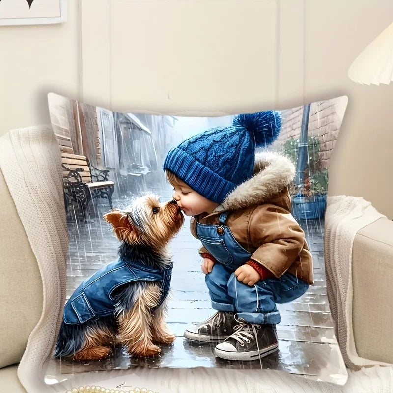 Taie d'oreiller enfant et chien - Cadeau en peluche douce, sans coussin, design adorable pour la décoration de chambre d'enfant, parfait pour les amoureux des animaux
