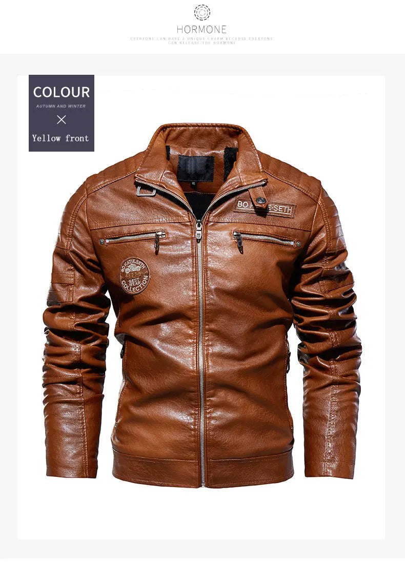 Chaqueta de Motociclista para Hombre, Chaquetas de Cuero PU para Motociclista con Forro Polar, Cortavientos de Moto para Hombre, Cuello Levantado, Chaquetas Casuales