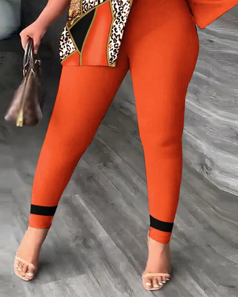 Conjuntos de dos piezas elegantes para mujer, nueva moda, estampado, top de manga con volantes, conjunto de pantalones de color sólido con cinturón, blusas, ropa femenina