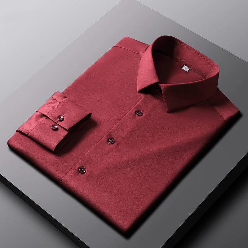 Camisa de manga larga de color liso para hombre, informal y a la moda, que no necesita planchado y es resistente a las arrugas, top de negocios
