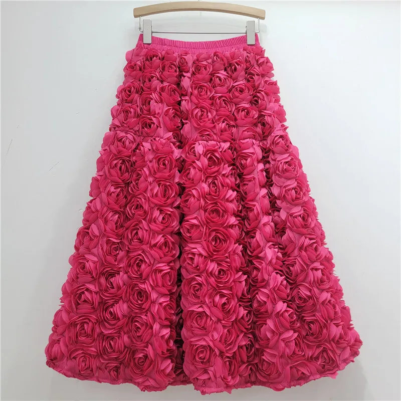 Jupe pour femme 2025 été polyvalente tridimensionnelle fleur mi-mollet jupe taille haute grande balançoire mode A-line longues jupes