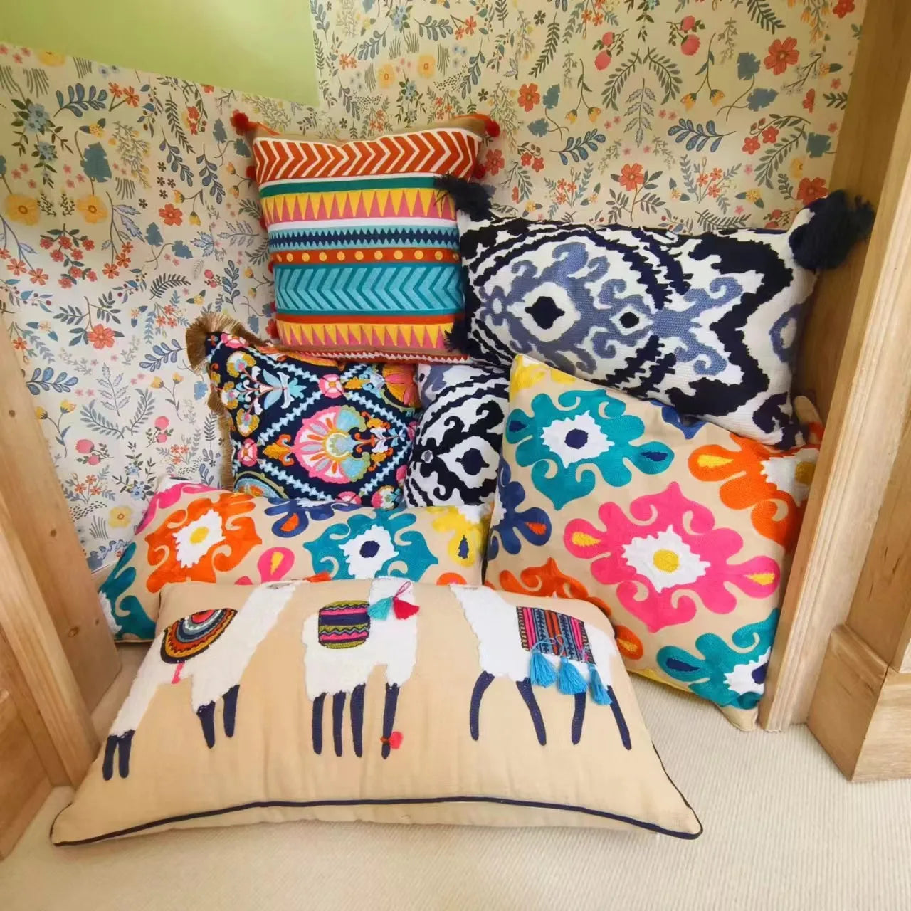 Marokkansk putetrekk Stue Sofadekor Håndlaget putetrekk Indisk eksotisk etnisk stil Boho broderi putetrekk