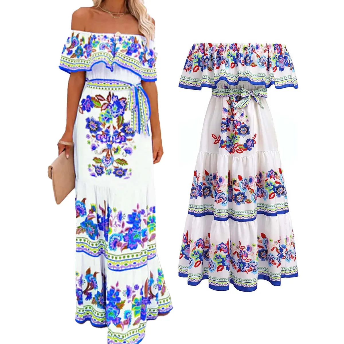 Vestido mexicano tradicional étnico mexicano del Cinco de Mayo con estampado floral de verano y hombros descubiertos para mujer