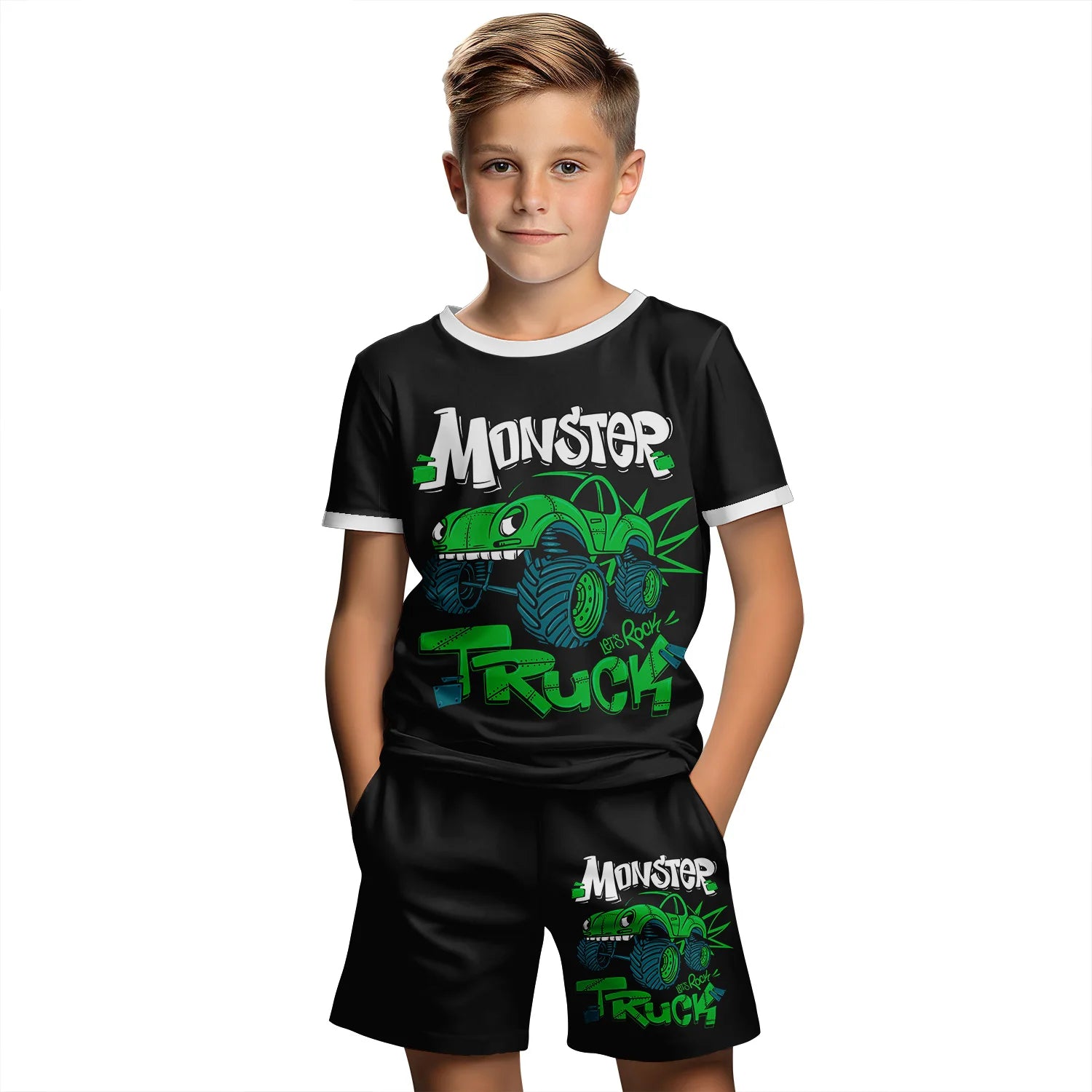 Traje de ropa para niños para niño, verano, manga corta, camiseta, pantalones cortos, dibujos animados, coche 3D, estampado, niña, a la moda, conjuntos para niños