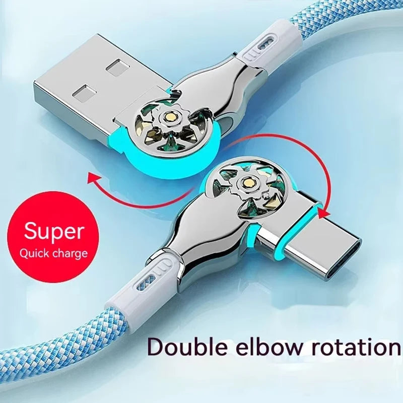 Cable de carga rápida con rotación dual de 180° Tipo C Micro USB Cargador con luz Aleación de zinc Cable de datos trenzado para Android iPhone