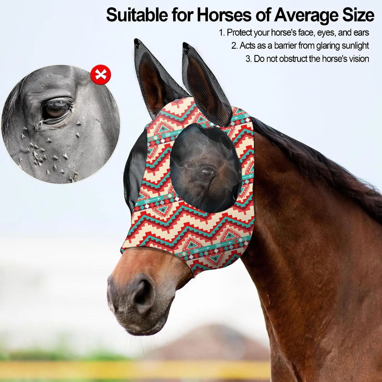 Masque anti-mouches pour chevaux, protection du visage, des oreilles, du nez et des oreilles, pour activités de plein air