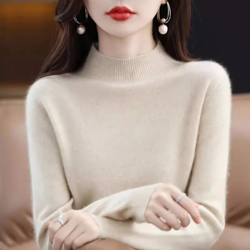 Suéter de mujer otoño invierno, camisas base cálidas casuales, cuello simulado, tejido básico, jerséis de manga larga, moda coreana