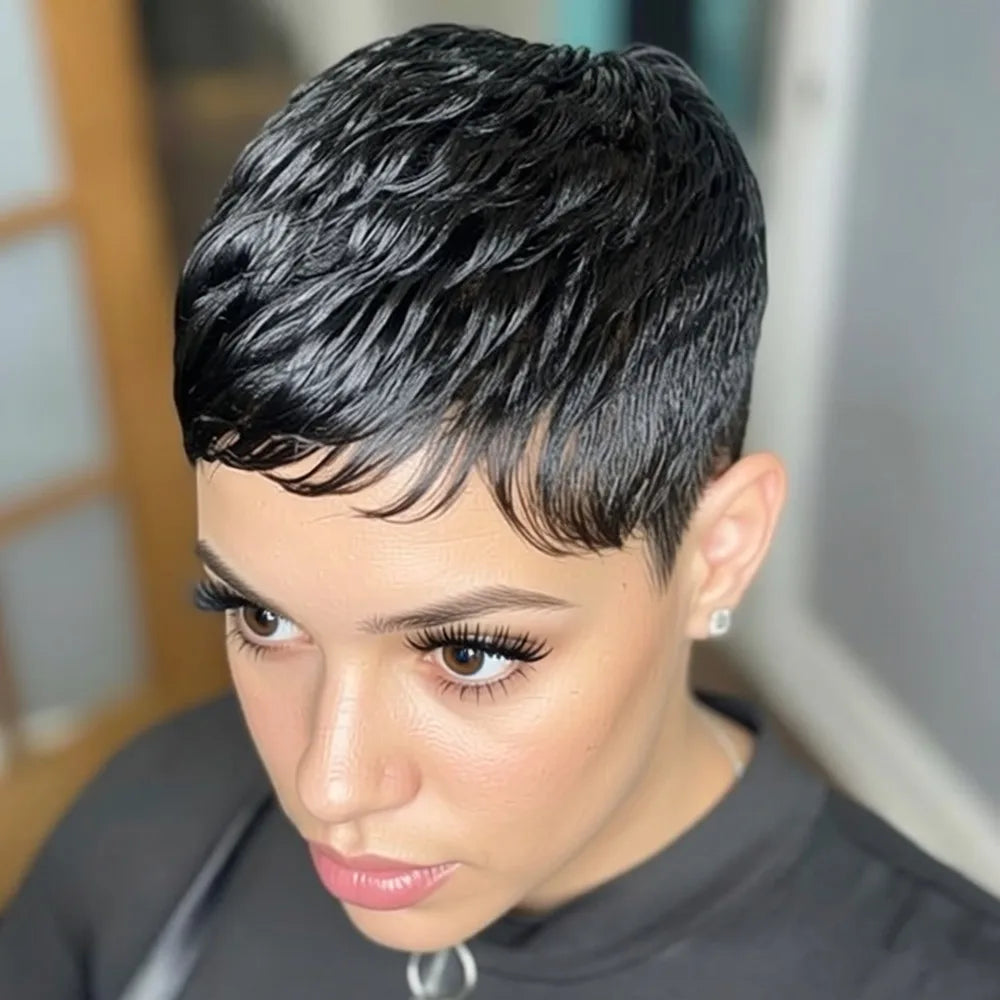 pixie daily party use layered human hair wig machine made wig pixie cut wig short straight brown black burgundy color for women