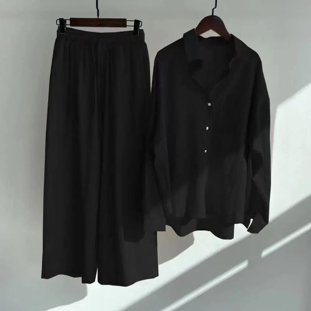2 Unidades/Conjunto de Tops y Pantalones para Mujer, Blusa, Traje de Pantalón, Cárdigan de Manga Larga, Suave al Tacto, Color Sólido, Pierna Ancha, Ropa Diaria