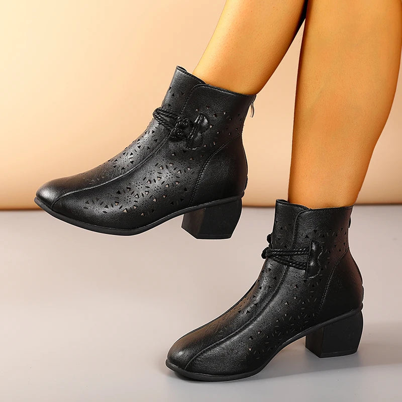 Women’s Hollow-Out Ankle Boots – Retro Mid-Heel Soft Sole Shoes