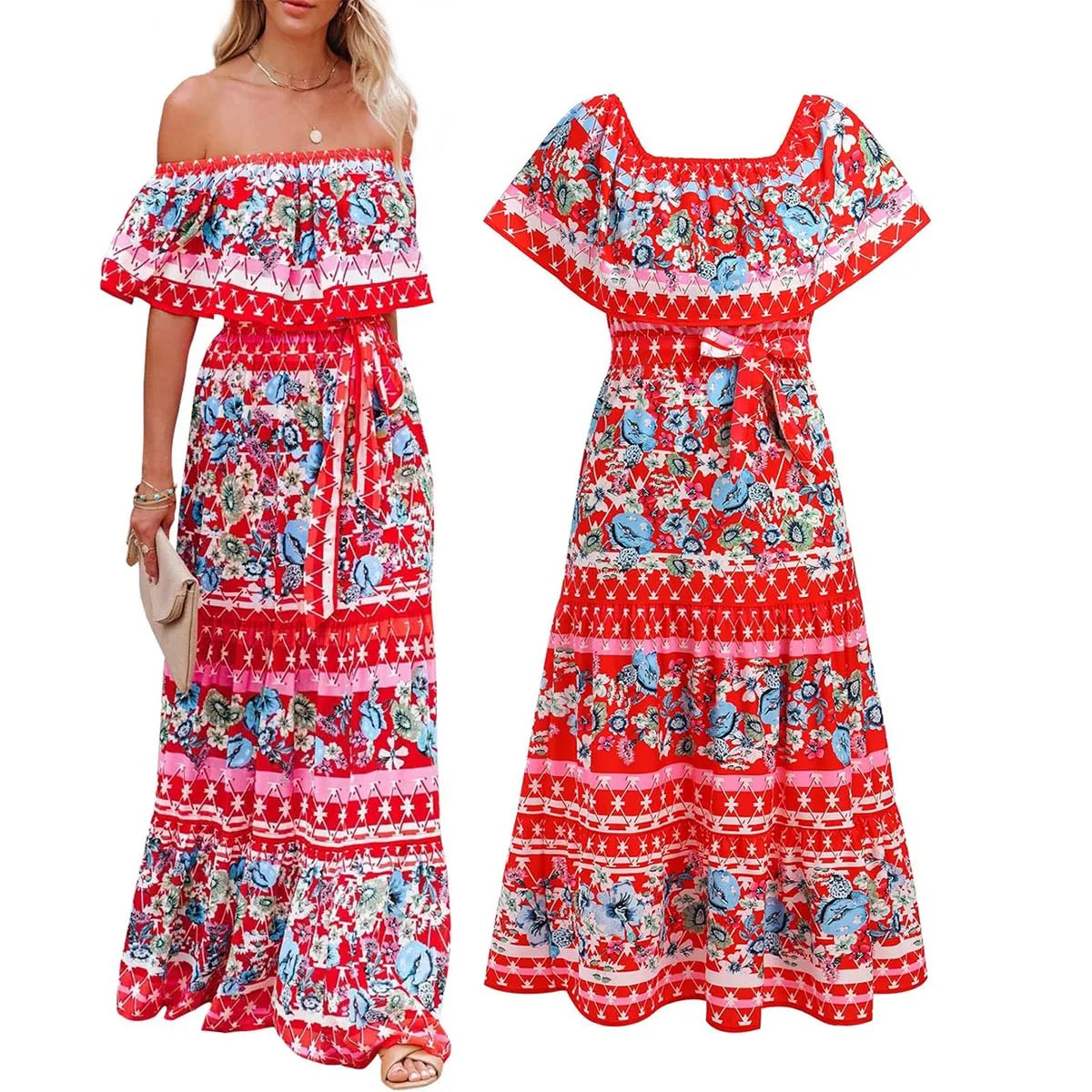 Vestido mexicano tradicional étnico mexicano del Cinco de Mayo con estampado floral de verano y hombros descubiertos para mujer