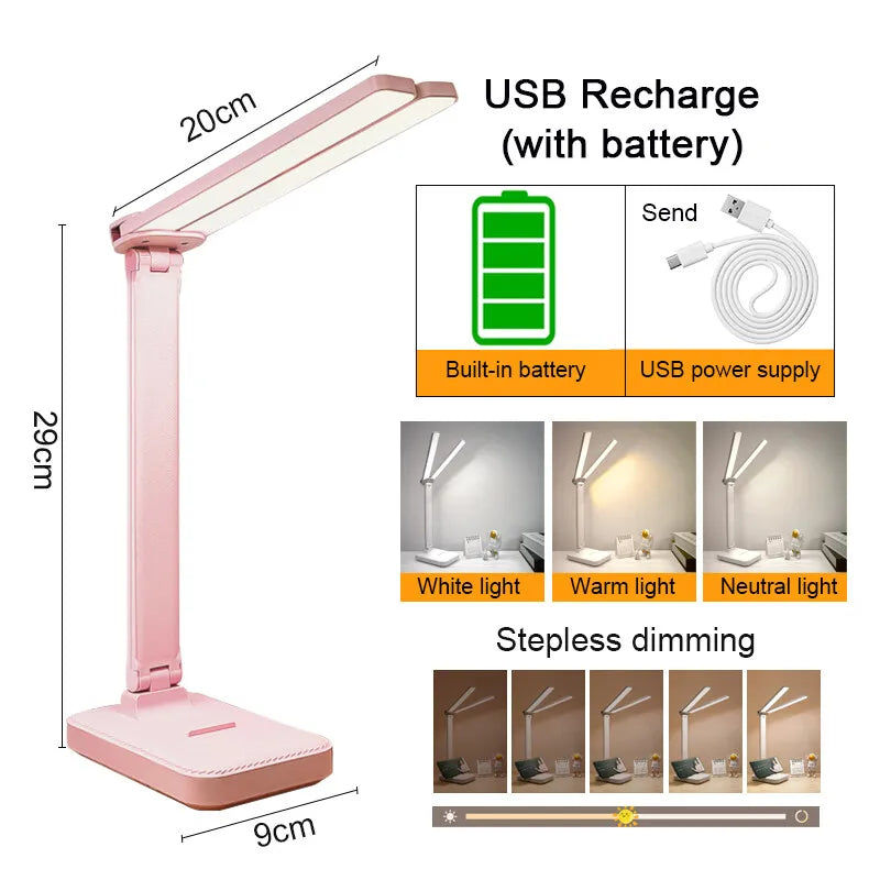 Lampe de bureau LED rechargeable par USB, 3 niveaux d'intensité, tactile, protection des yeux, pliable, idéale pour la chambre à coucher