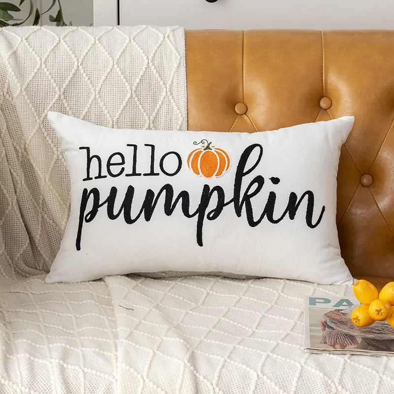 Funda de cojín bordada con toalla, bordado de calabaza de Halloween, funda de cojín de oficina de otoño