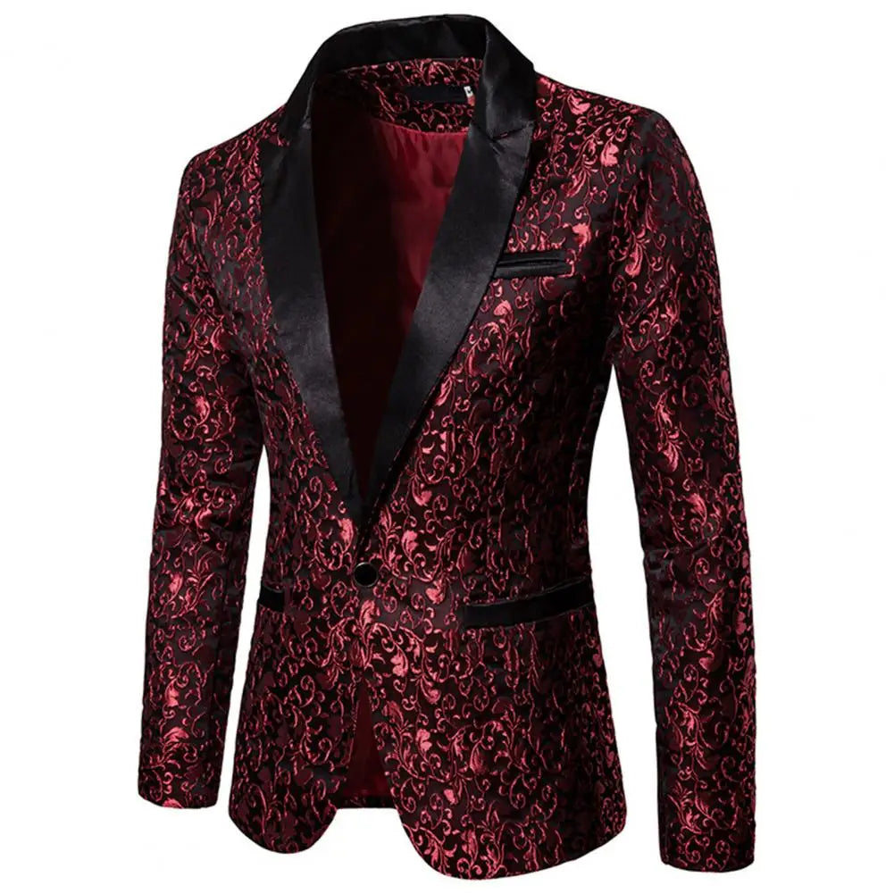 Chaqueta de hombre de lujo con jacquard, un botón, corte ajustado, cuello vuelto, de alta calidad, para bodas y banquetes