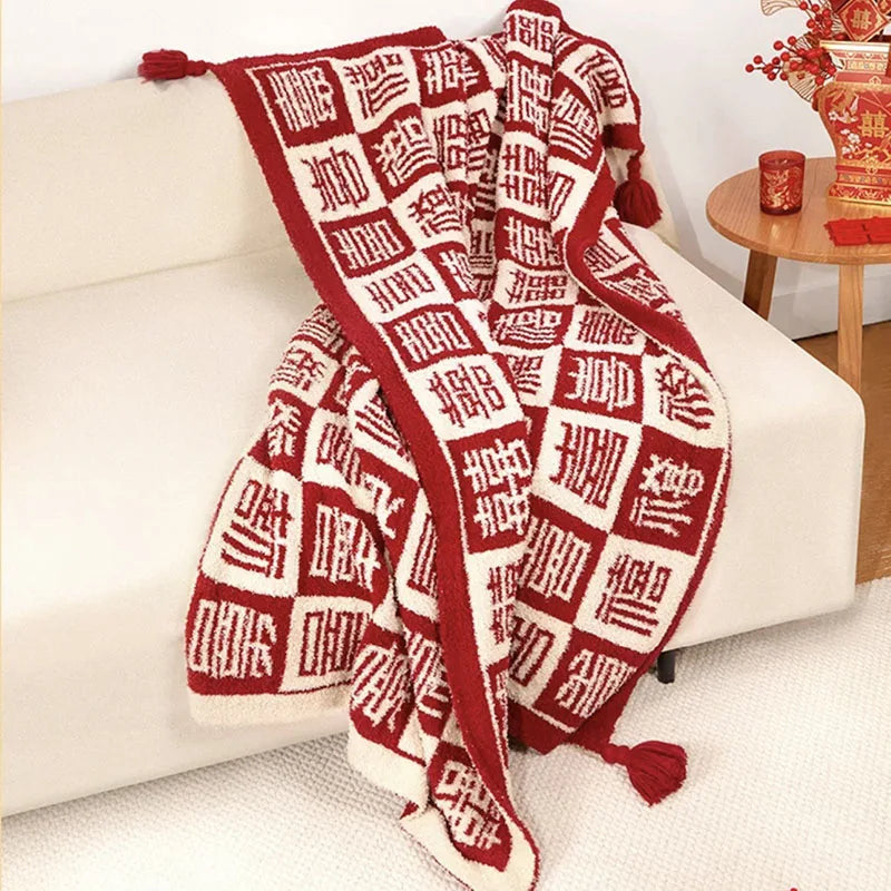 Manta de Boda de Felpa Fina Roja, Cubrecama Alegre, Manta para Sofá Multiusos que Mantiene el Calor, Pequeño Cojín de Chal para Cuatro Estaciones