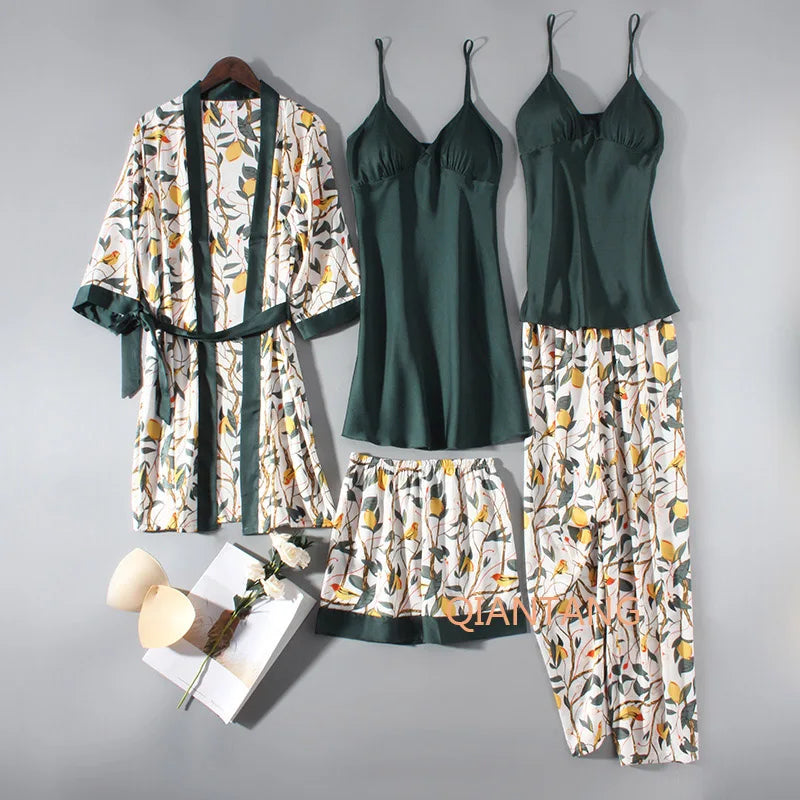 Conjunto de pijama de mujer, ropa de dormir casual, traje de bata de satén, ropa de noche para estar en casa, cuello en V, pijama suave, albornoz kimono, camisón lencería
