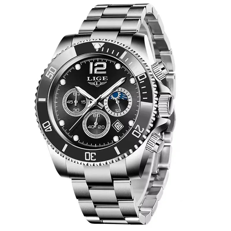 Reloj de hombre LIGE de marca superior, reloj de lujo para hombre, deportivo, resistente al agua, cronógrafo de acero inoxidable, reloj de pulsera de cuarzo, Relogio Masculino+Caja