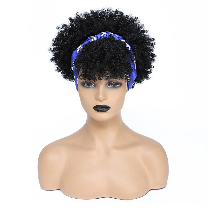 Afro Curly Headband Wigs Short Kinky Curly Wigs with Headbands Attached Scarf Wig For Women Synthetic Afro Puff Wigs with Bangs